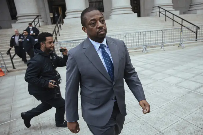 Former New York Lieutenant Governor Brian Benjamin leaves a hearing in federal court in April in Manhattan. A judge threw out the bulk of federal bribery charges against Benjamin.
